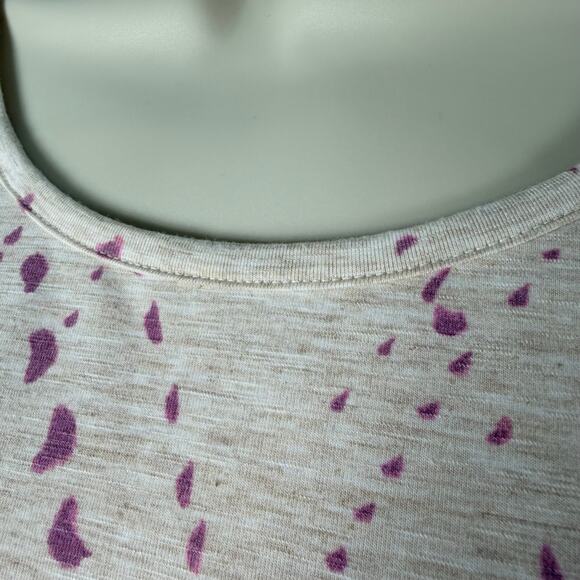 Democracy Top Womens Small Heather Tan Purple Abstract Print Ruched Sleeve - Picture 3 of 16